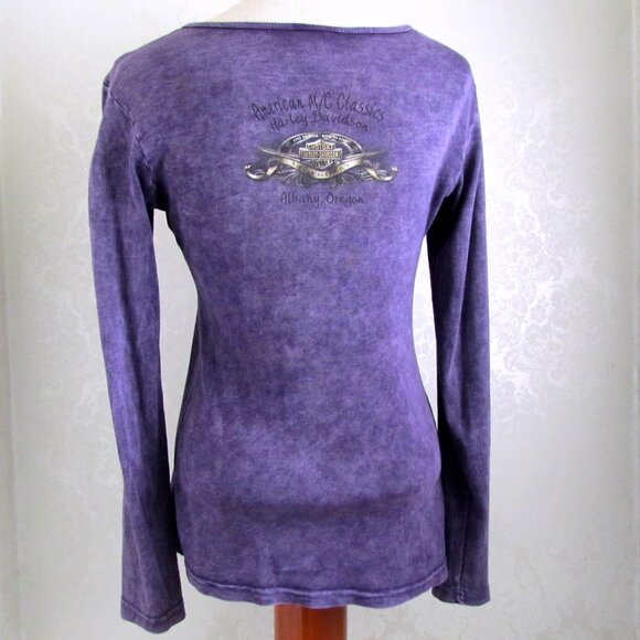 HARLEY-DAVIDSON TOP, M-L, LONG SLEEVED & LONG BODY FANCY LOGO, PURPLE COTTON H-D - Picture 7 of 7